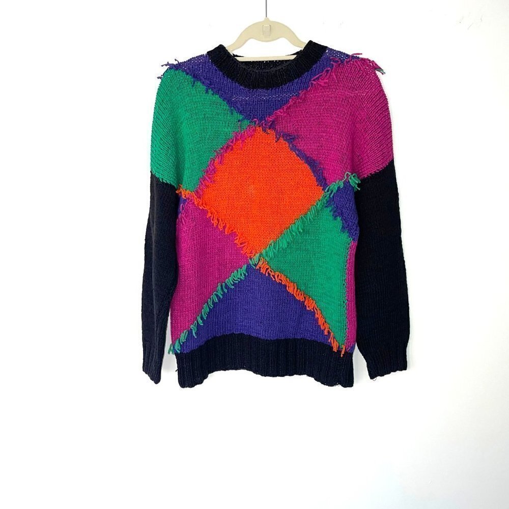 Angel Sweater Womens Size Large Vintage Colorblock Fringe Cotton Pullover Black